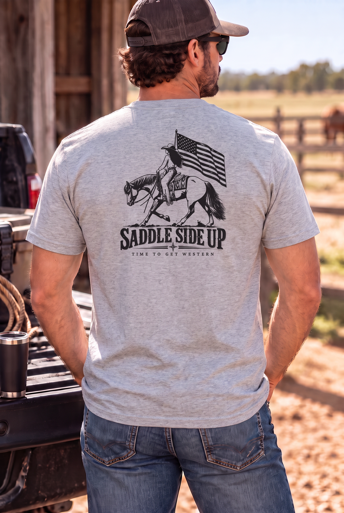 Western Freedom Tee in Light Heather Grey — male model, back view
