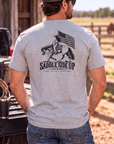 Western Freedom Tee in Light Heather Grey — male model, back view