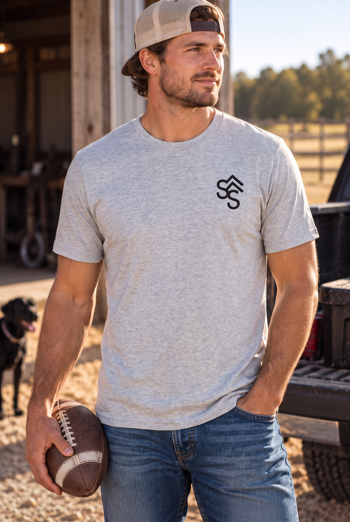 Western Freedom Tee in Light Heather Grey — male model, front view