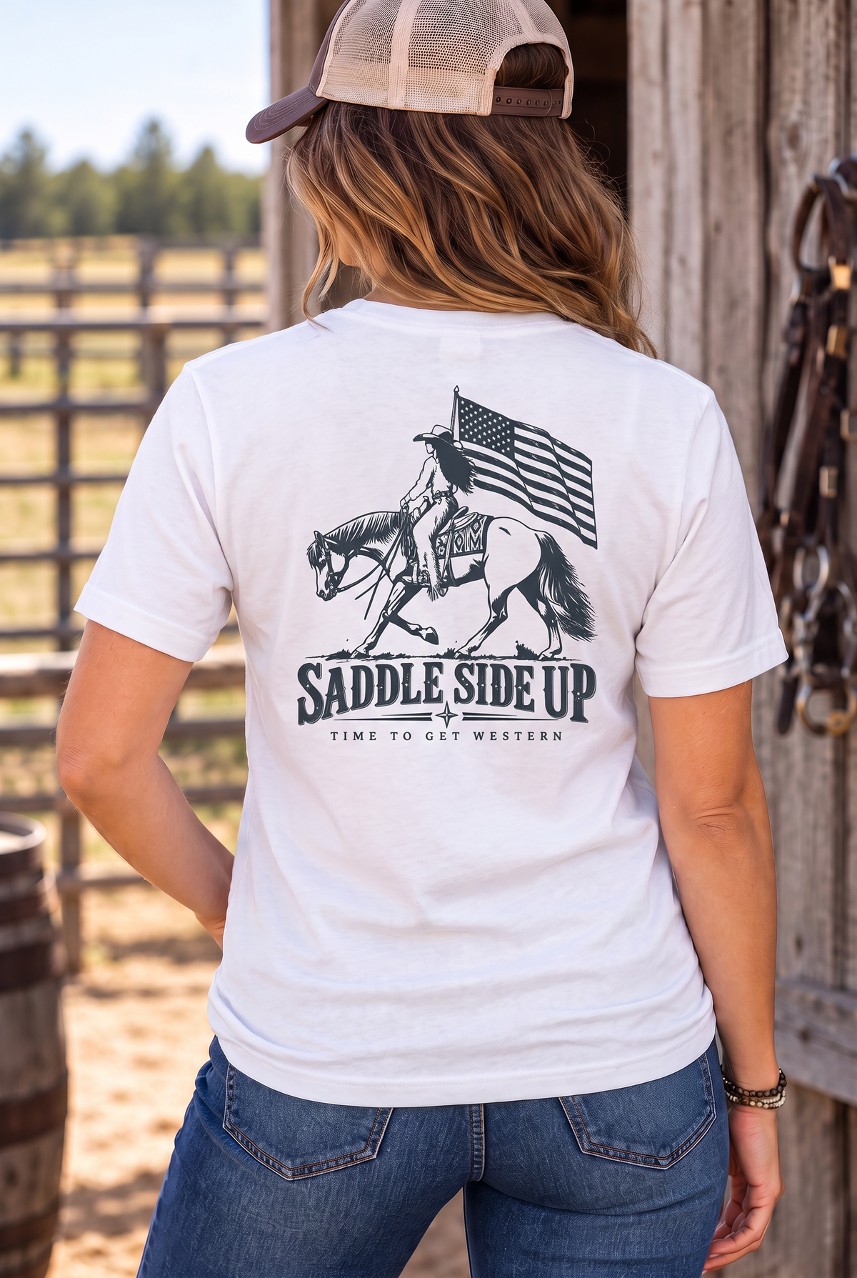 Western Freedom Tee in White — female model, back view