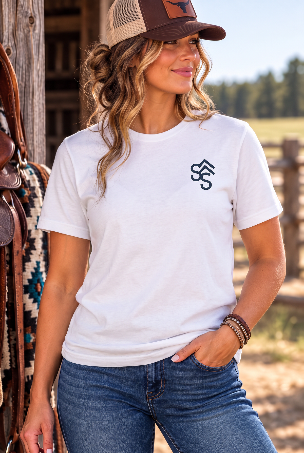 Western Freedom Tee in White — female model, front view