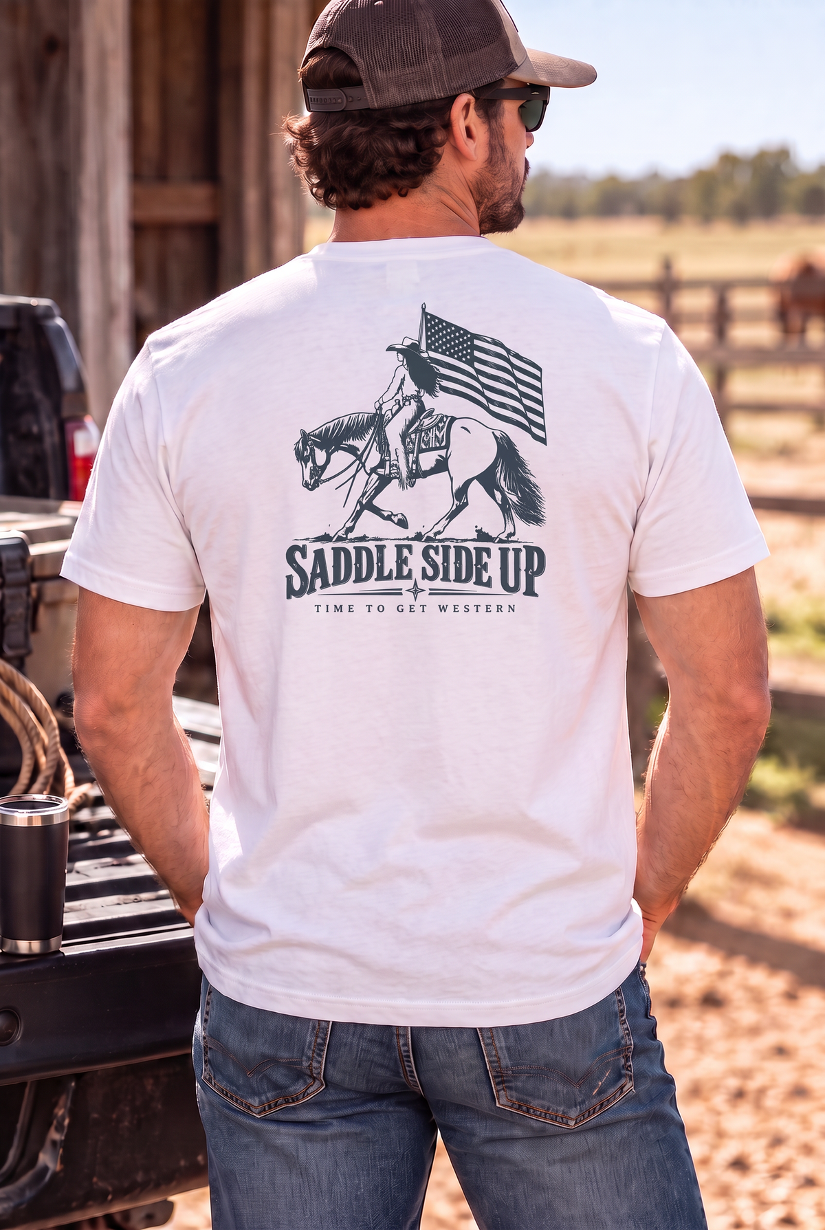Western Freedom Tee in White — male model, back view