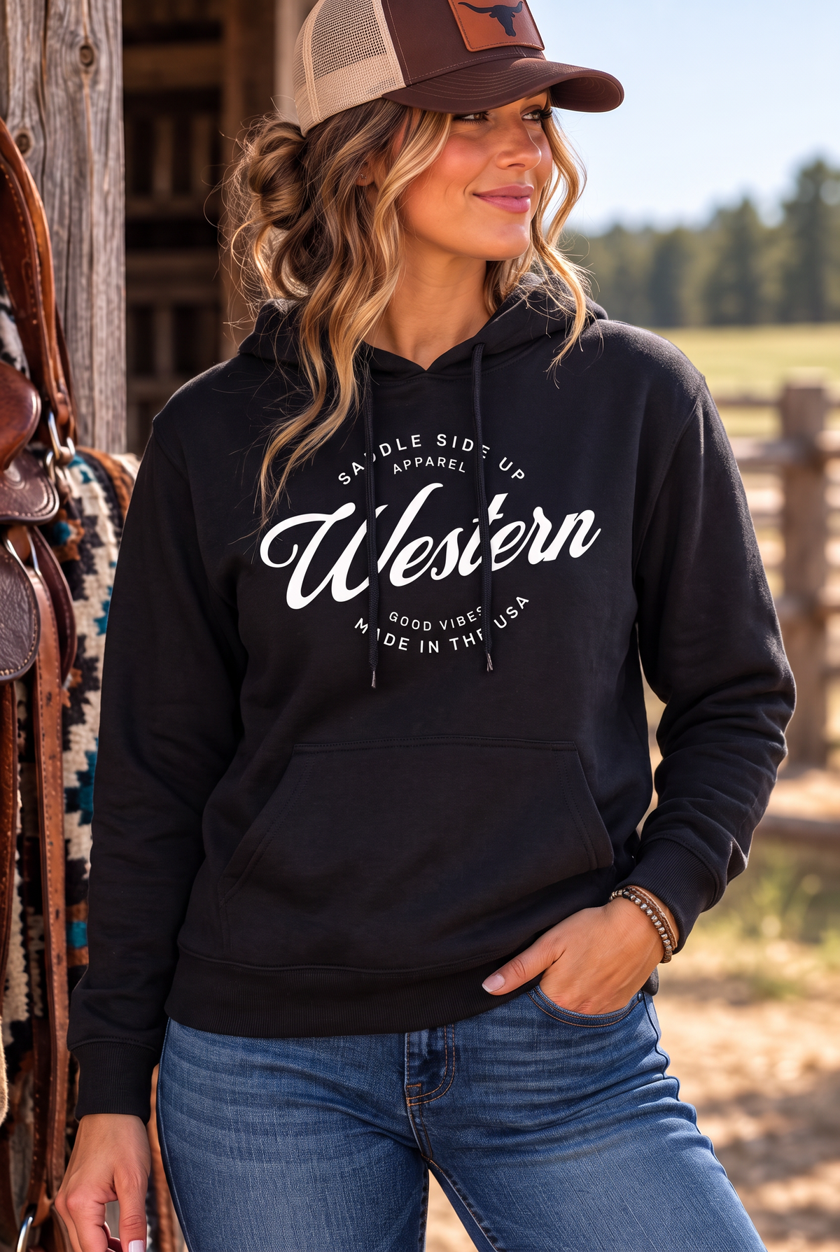 Western Standard Hoodie in Black — female model, front view