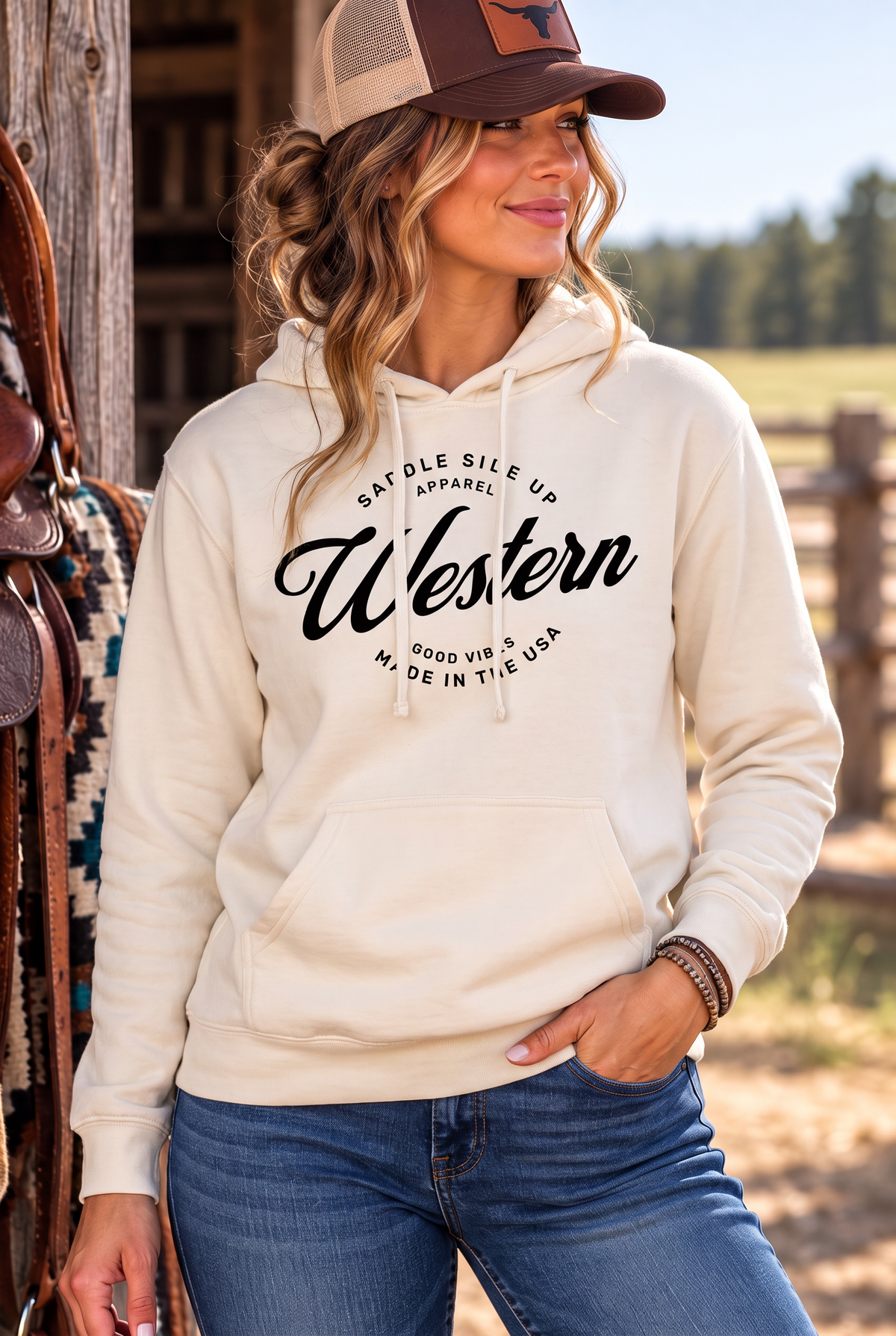 Western Standard Hoodie in Bone — female model, front view