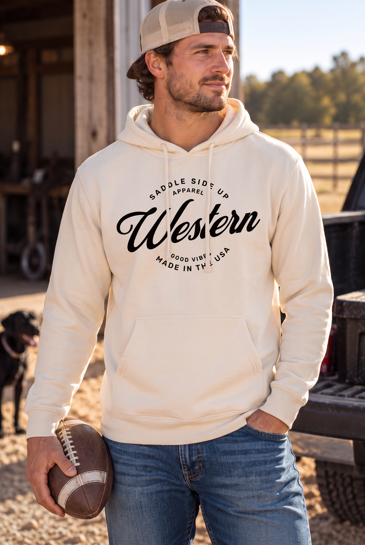 Western Standard Hoodie in Bone — male model, front view