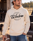 Western Standard Hoodie in Bone — male model, front view