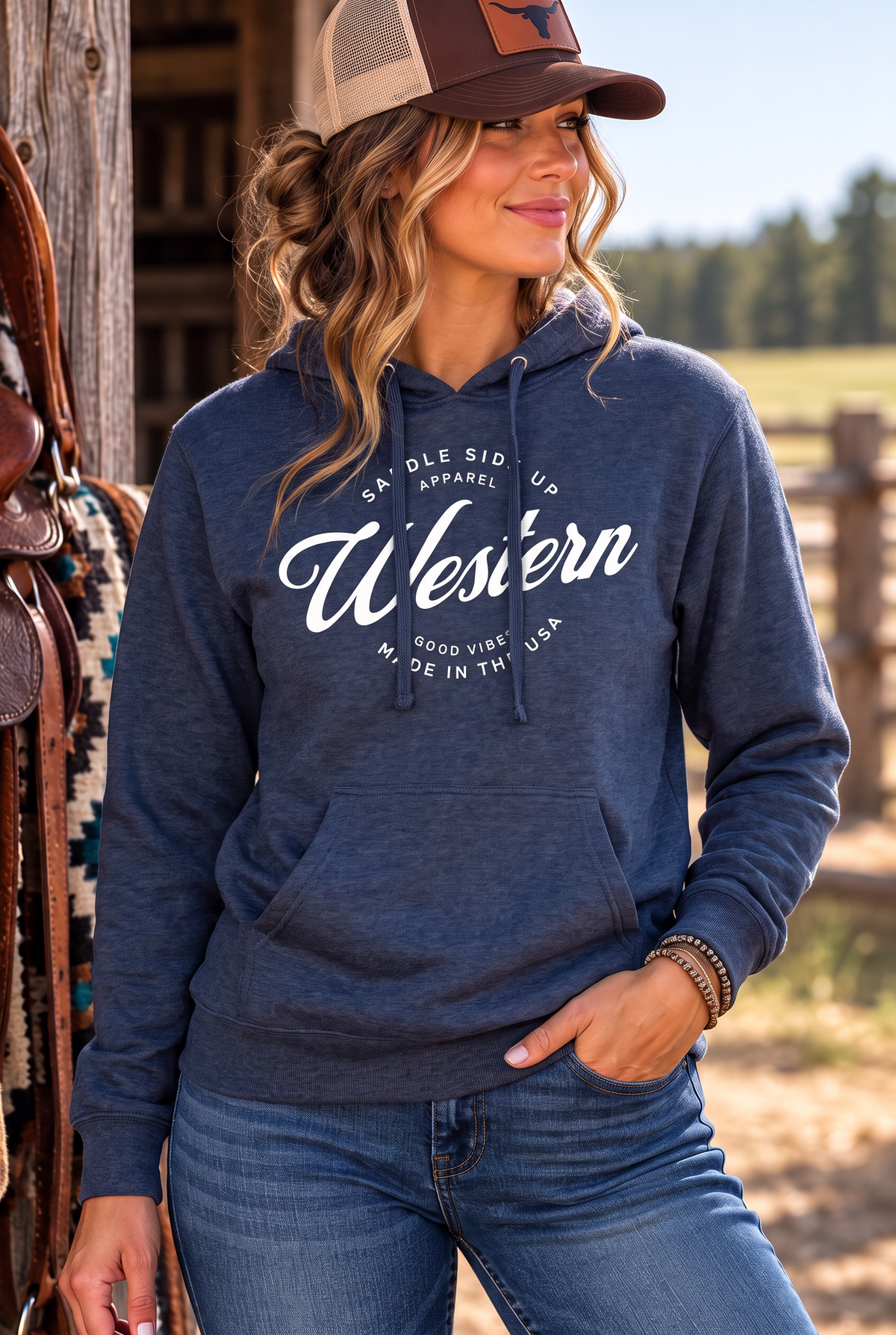 Western Standard Hoodie in Classic Navy Heather — female model, front view