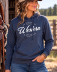 Western Standard Hoodie in Classic Navy Heather — female model, front view