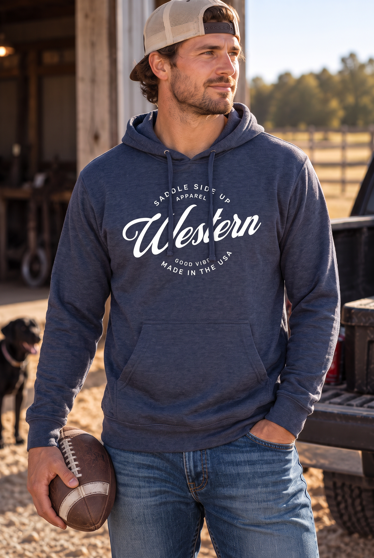 Western Standard Hoodie in Classic Navy Heather — male model, front view