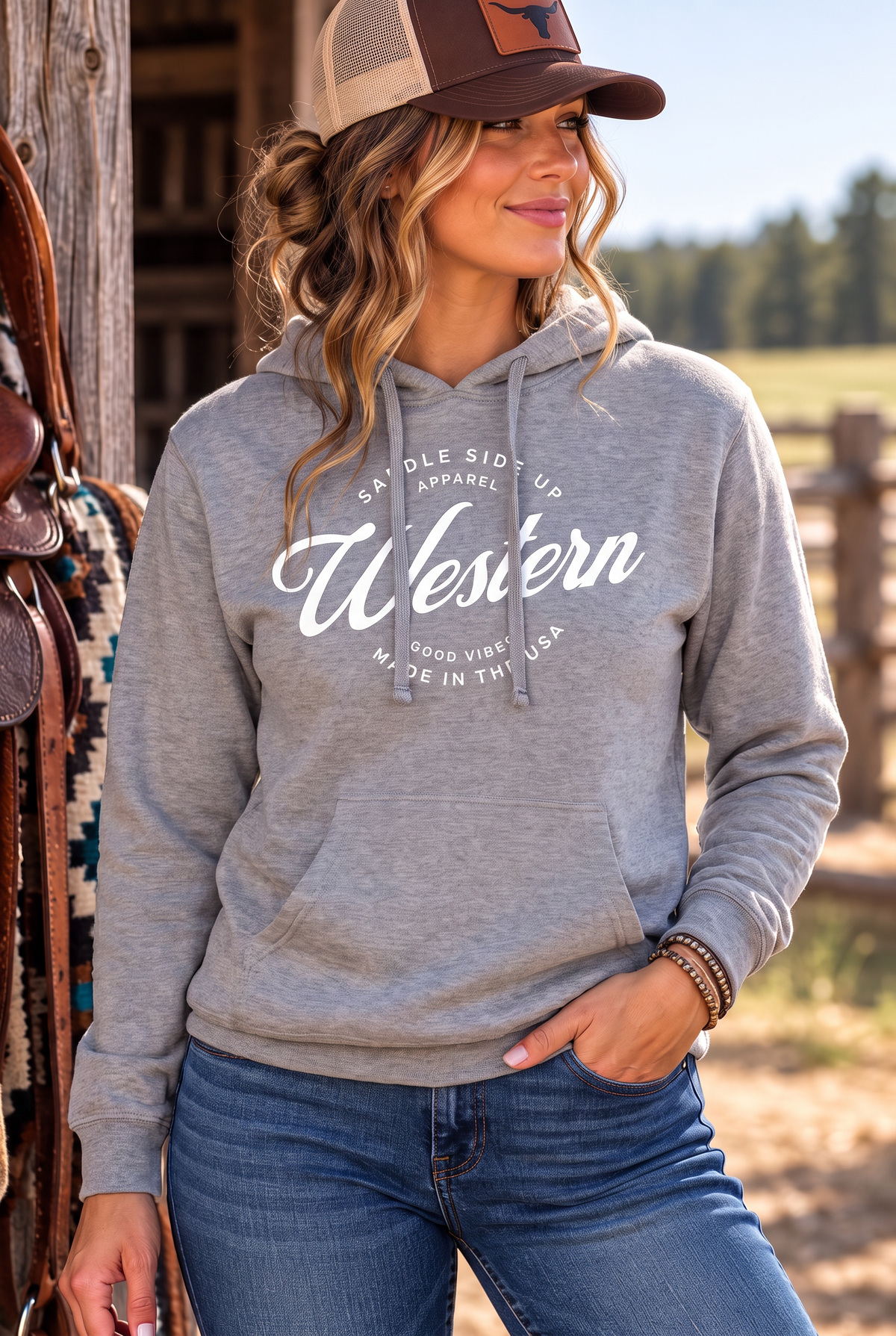 Western Standard Hoodie in Gunmetal Heather — female model, front view