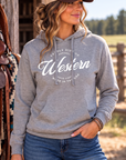Western Standard Hoodie in Gunmetal Heather — female model, front view
