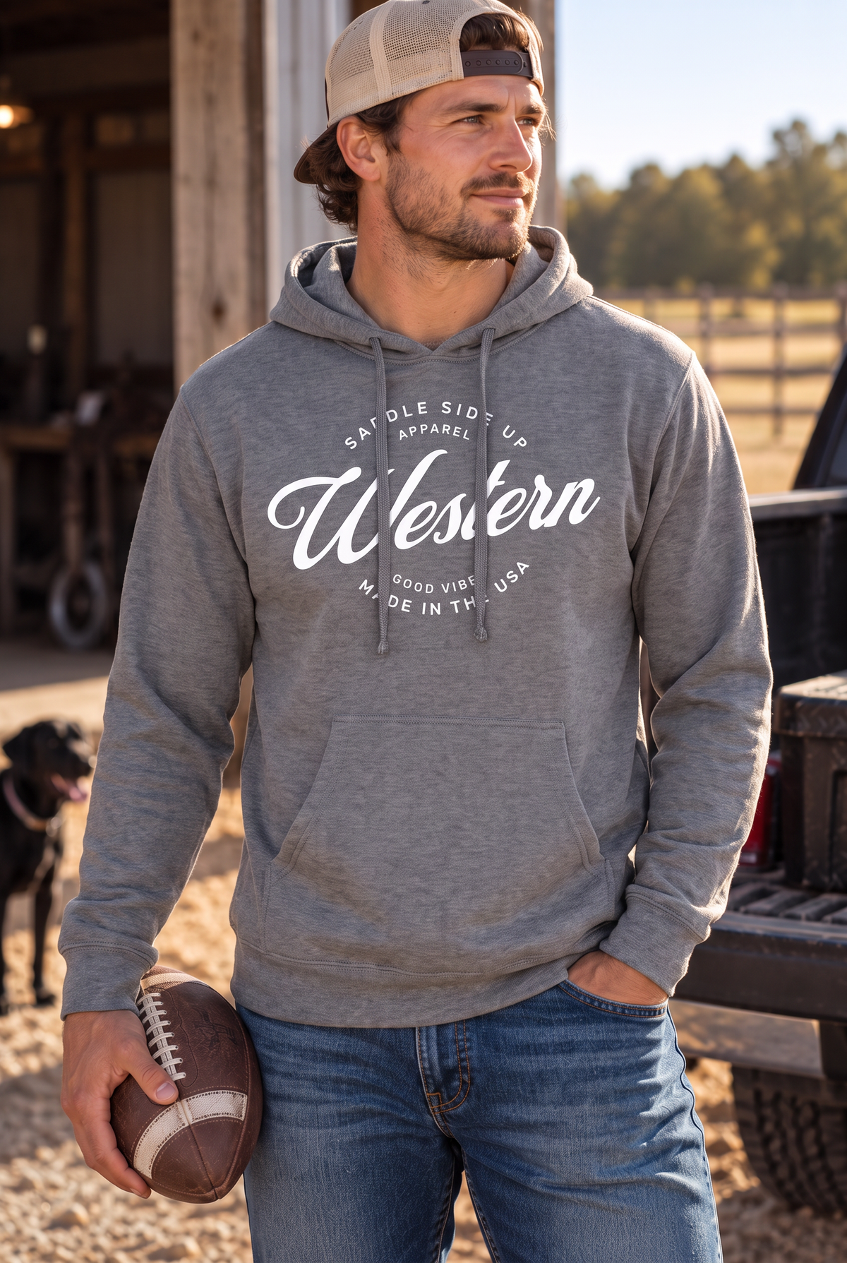 Western Standard Hoodie in Gunmetal Heather — male model, front view