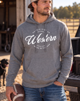 Western Standard Hoodie in Gunmetal Heather — male model, front view
