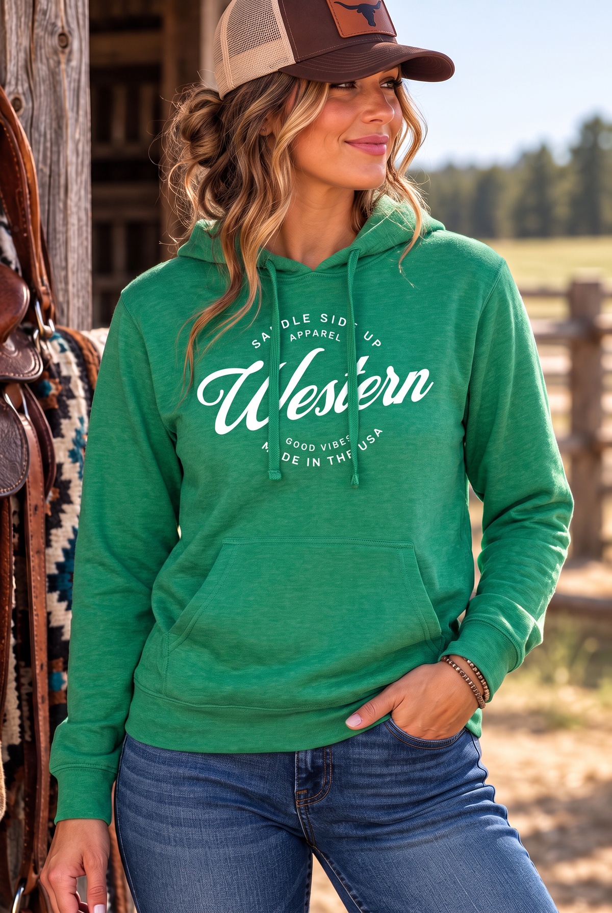 Western Standard Hoodie in Kelly Green Heather — female model, front view