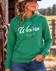 Western Standard Hoodie in Kelly Green Heather — female model, front view