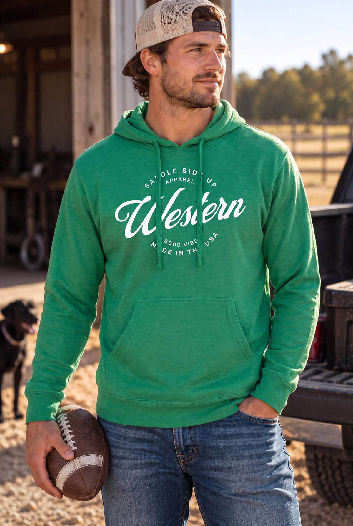 Western Standard Hoodie in Kelly Green Heather — male model, front view