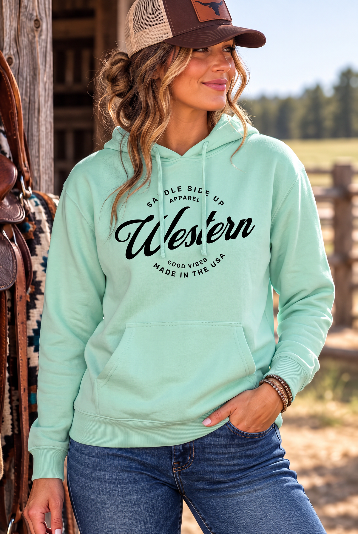 Western Standard Hoodie in Mint — female model, front view