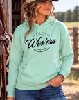 Western Standard Hoodie in Mint — female model, front view