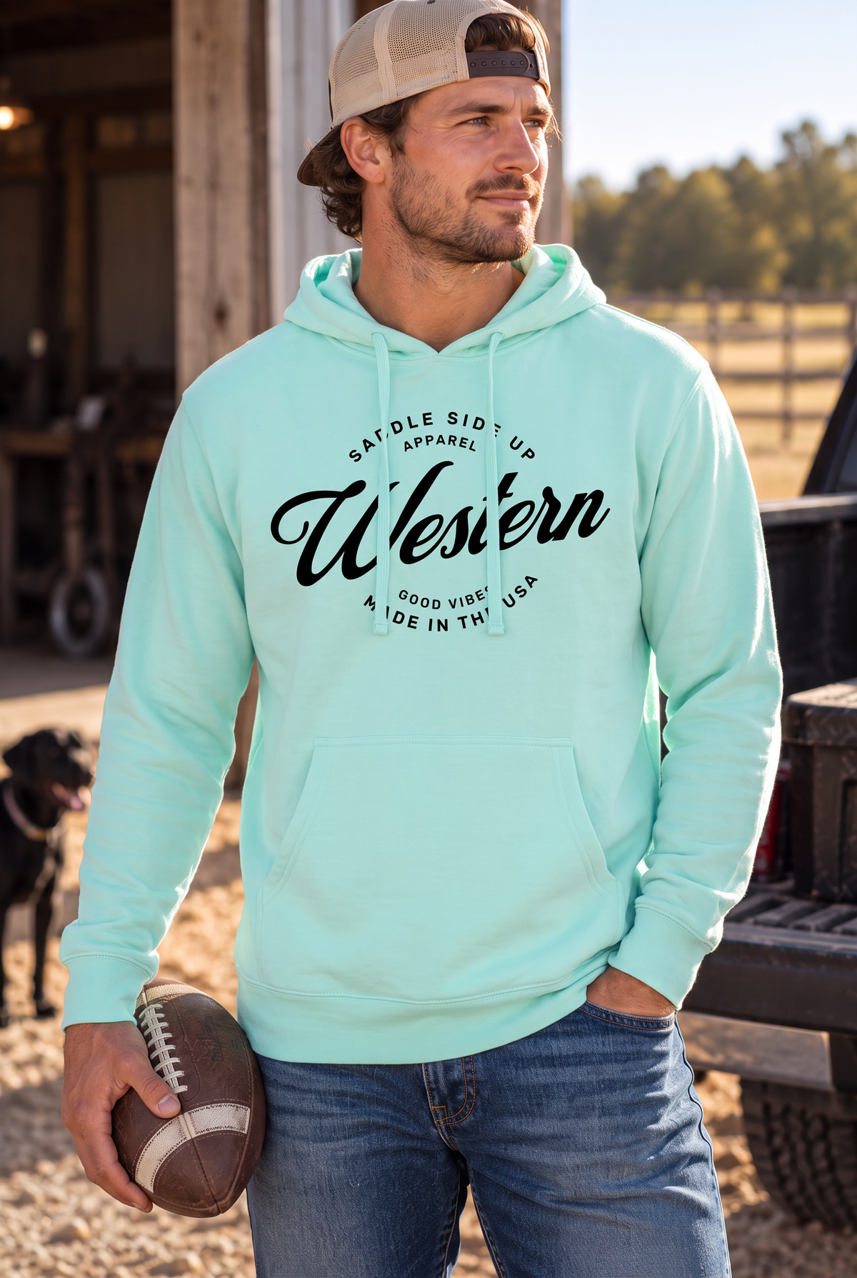 Western Standard Hoodie in Mint — male model, front view