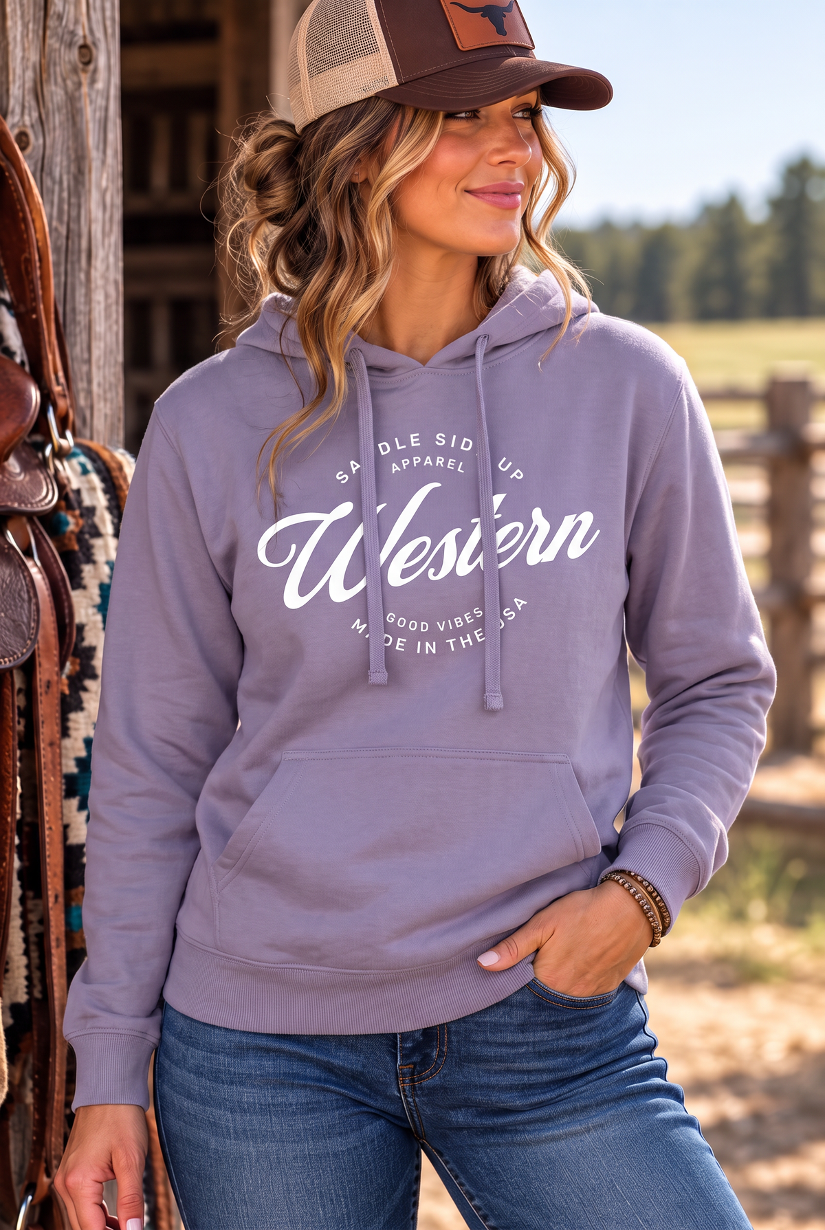 Western Standard Hoodie in Plum — female model, front view