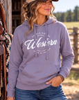 Western Standard Hoodie in Plum — female model, front view