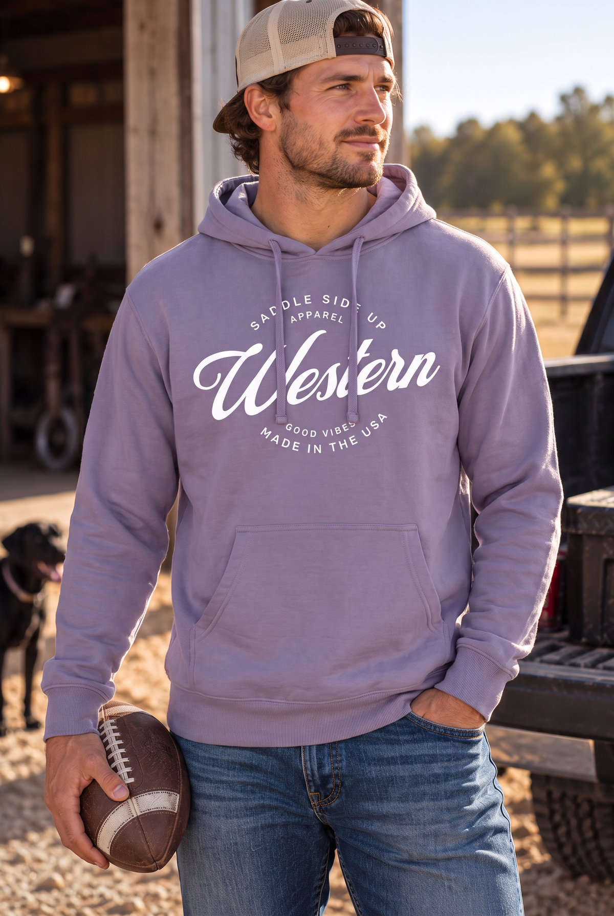 Western Standard Hoodie in Plum — male model, front view