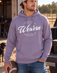 Western Standard Hoodie in Plum — male model, front view
