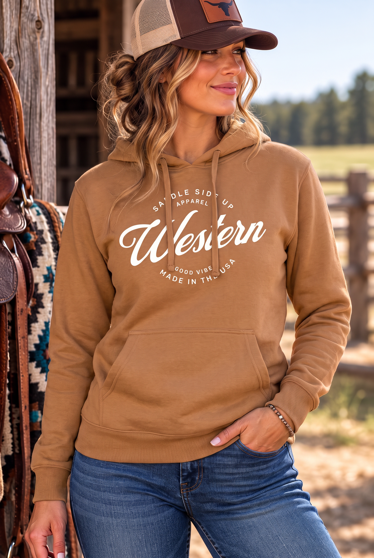 Western Standard Hoodie in Saddle — female model, front view