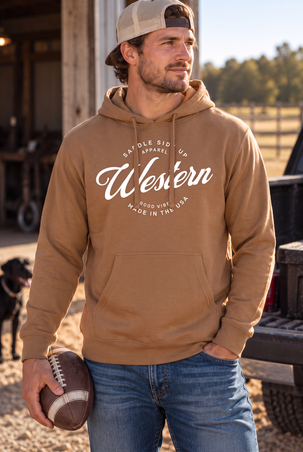 Western Standard Hoodie in Saddle — male model, front view