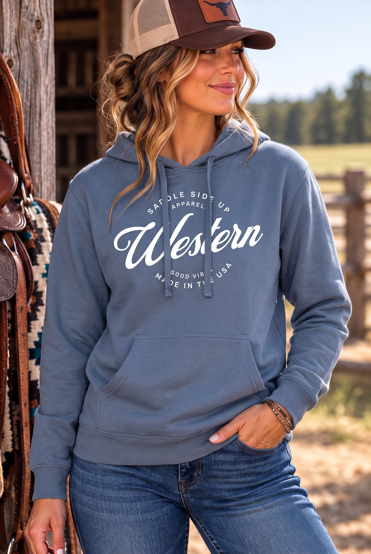 Western Standard Hoodie in Storm Blue — female model, front view