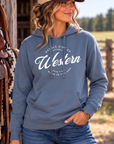 Western Standard Hoodie in Storm Blue — female model, front view