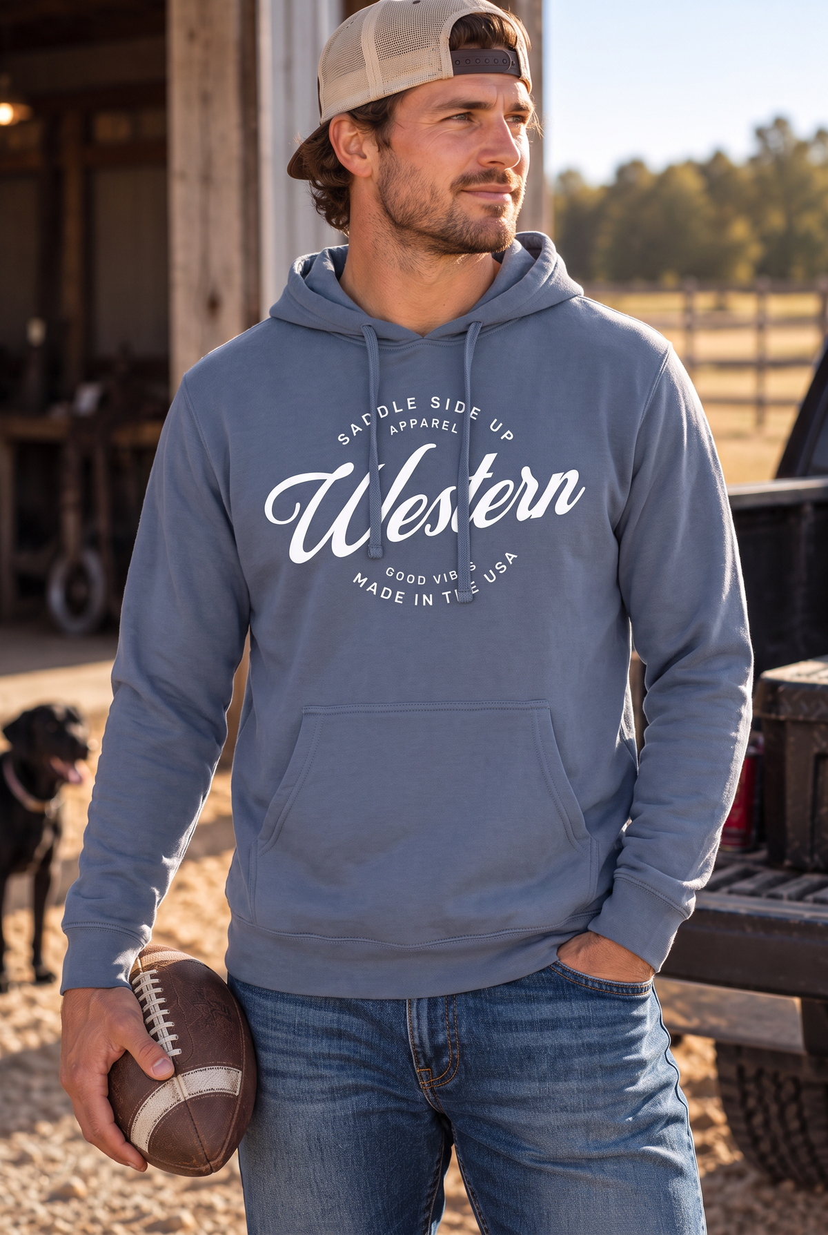 Western Standard Hoodie in Storm Blue — male model, front view