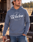 Western Standard Hoodie in Storm Blue — male model, front view