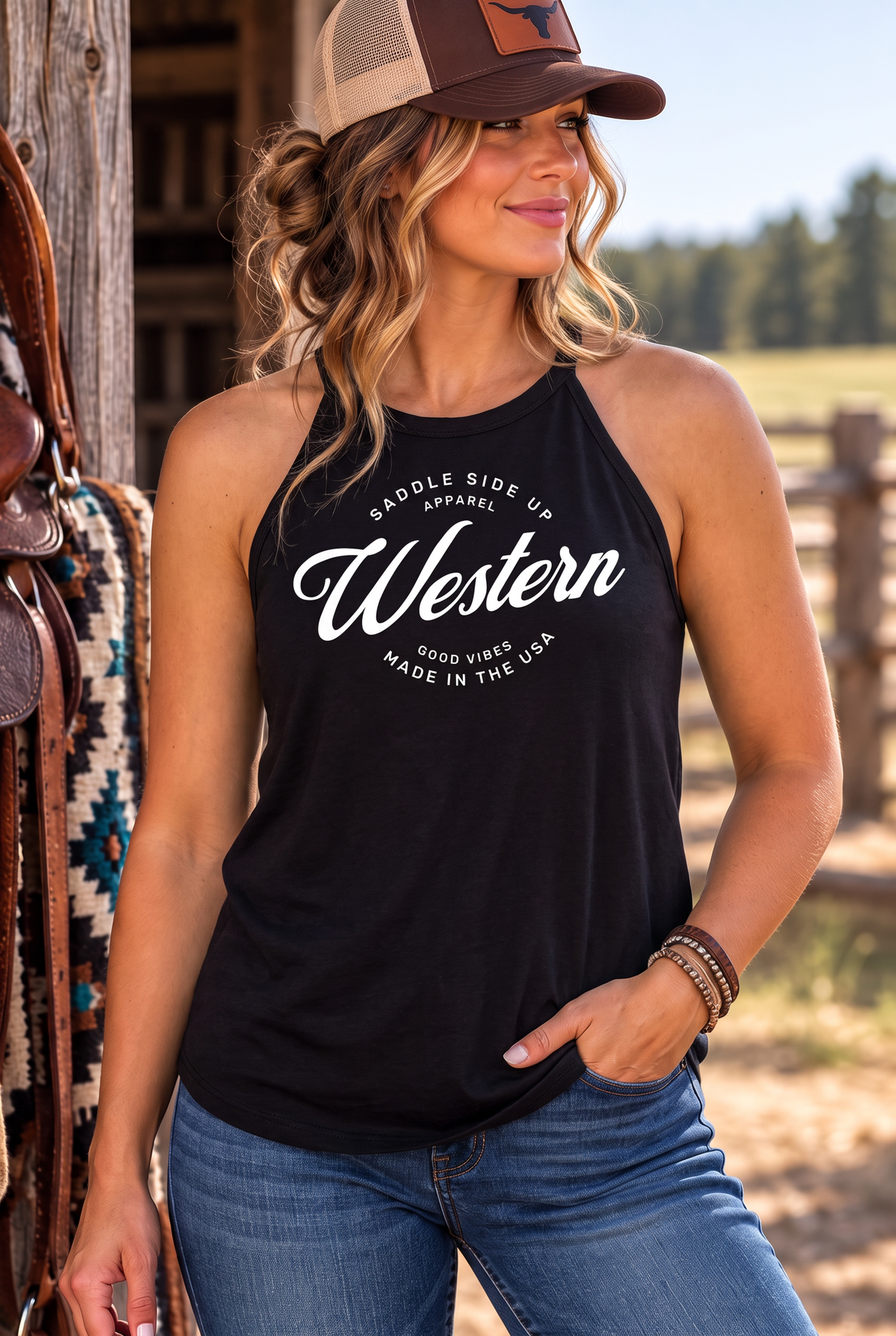 Western Standard Tank in Black — female model, front view
