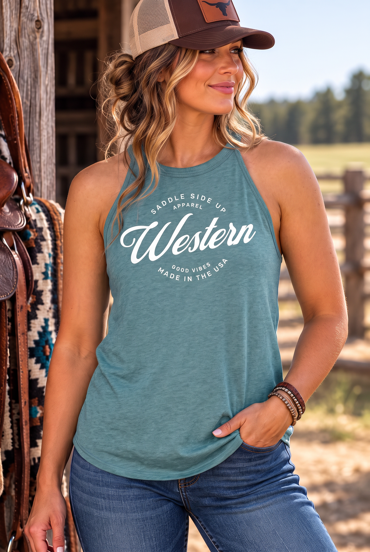Western Standard Tank in Heathered Eucalyptus Blue — female model, front view
