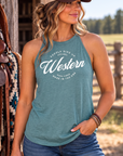 Western Standard Tank in Heathered Eucalyptus Blue — female model, front view