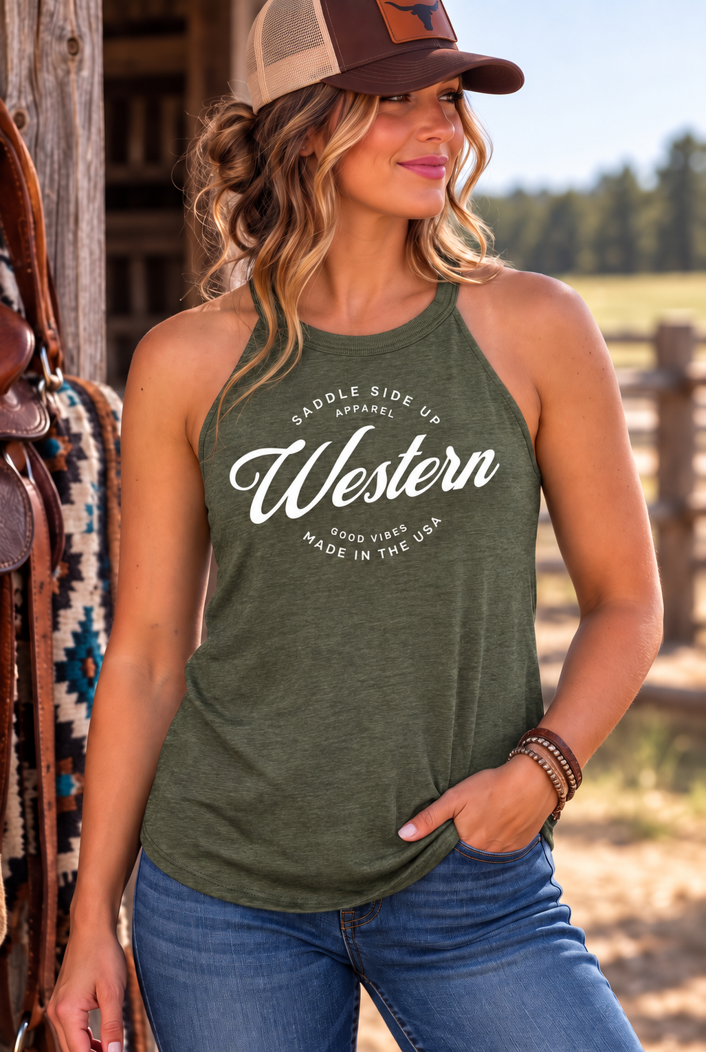 Western Standard Tank in Military Green Frost — female model, front view