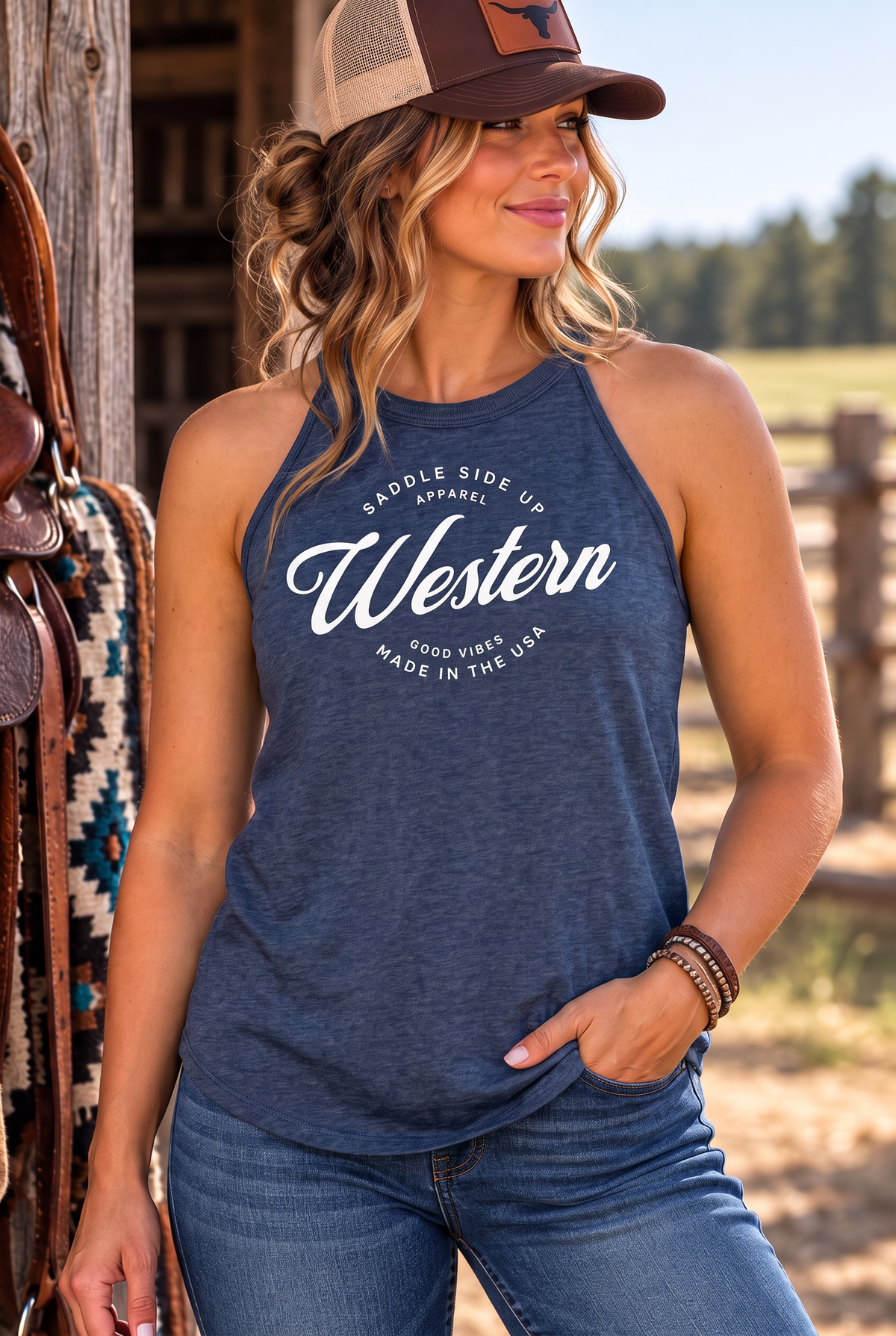 Western Standard Tank in Navy Frost — female model, front view