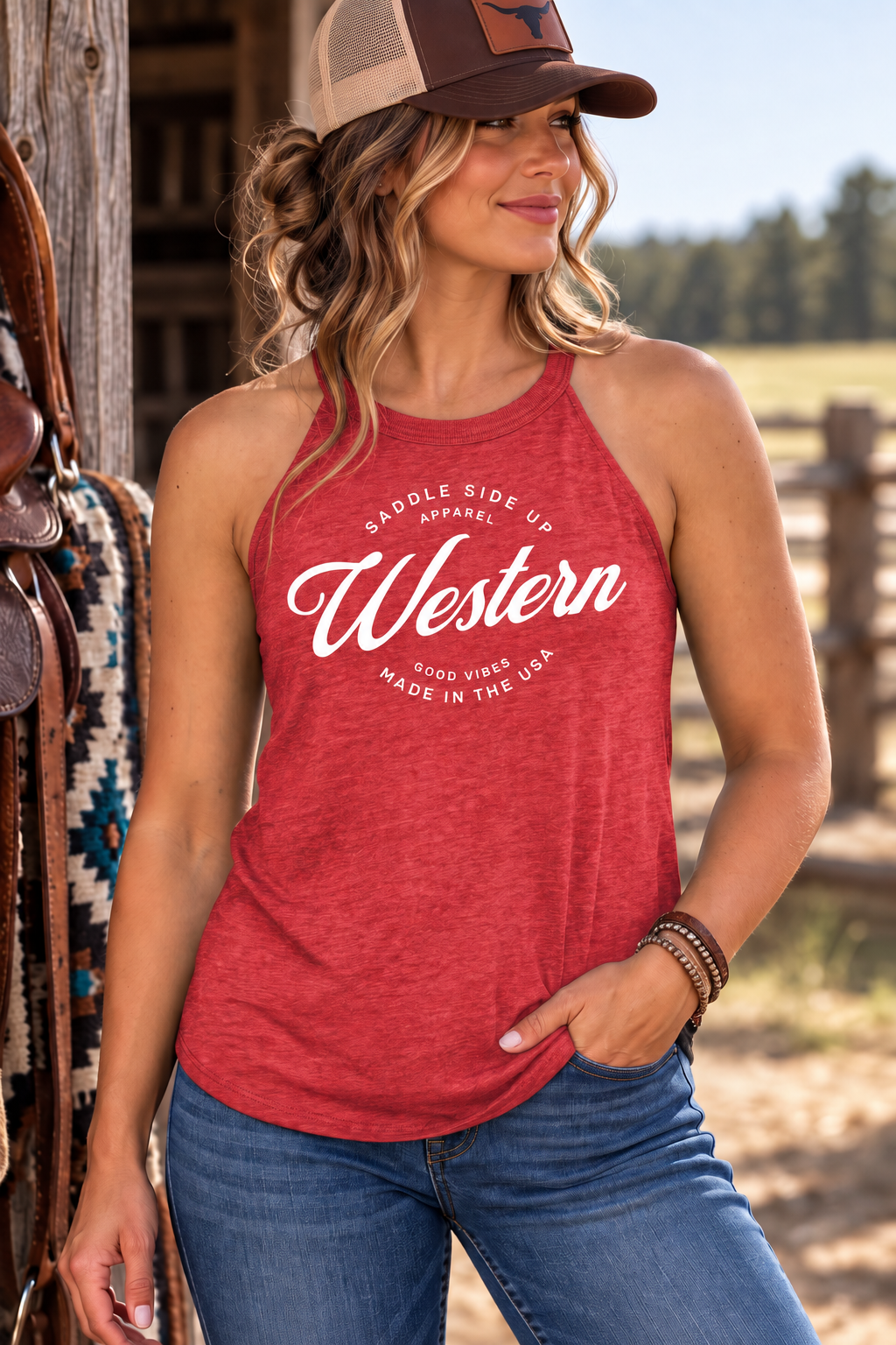 Western Standard Tank in Red Frost — female model, front view